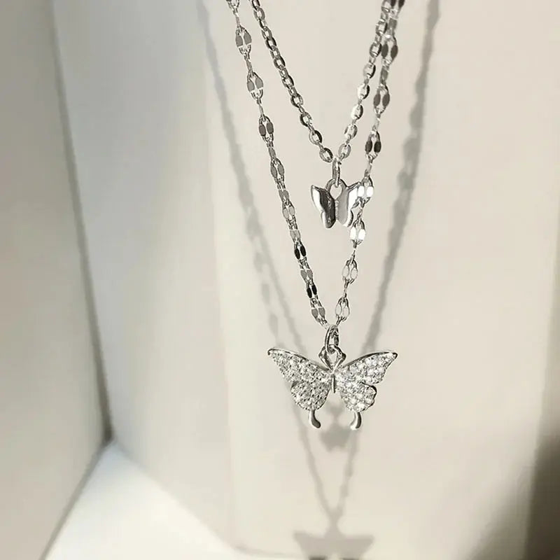 ANENJERY 925 Sterling Silver CZ Butterfly Necklace: Double Layer Dainty Jewelry Lenas Jewelry Emporium