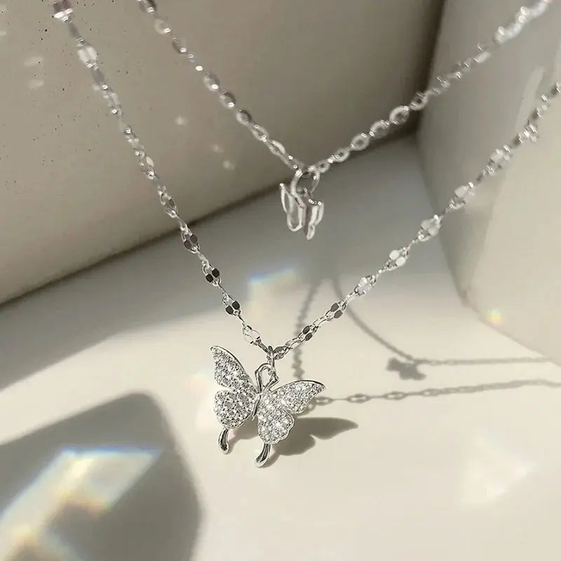 ANENJERY 925 Sterling Silver CZ Butterfly Necklace: Double Layer Dainty Jewelry Lenas Jewelry Emporium