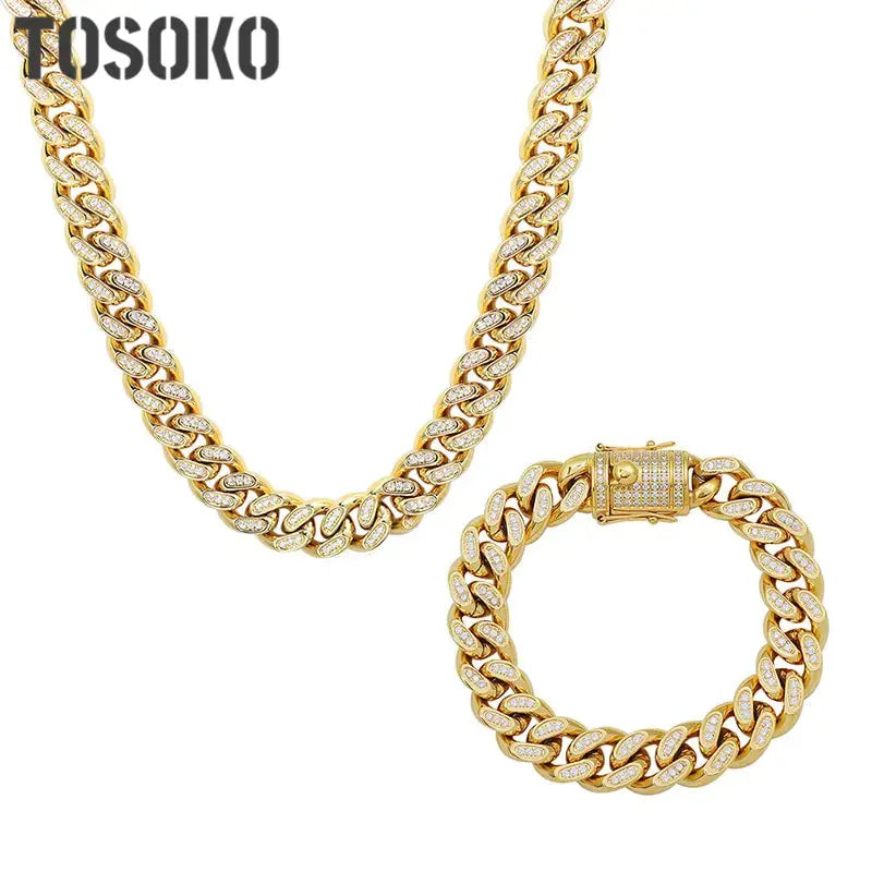 TOSOKO Stainless Steel Jewelry Winter Hip Hop Full Zircon Inlaid CUBAN CHAIN Plated 18 K Gold Necklace Bracelet Set BSP114-E028 Lenas Jewelry Emporium