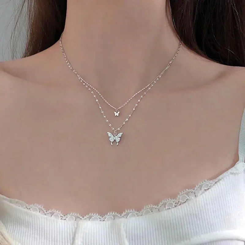 ANENJERY 925 Sterling Silver CZ Butterfly Necklace: Double Layer Dainty Jewelry Lenas Jewelry Emporium