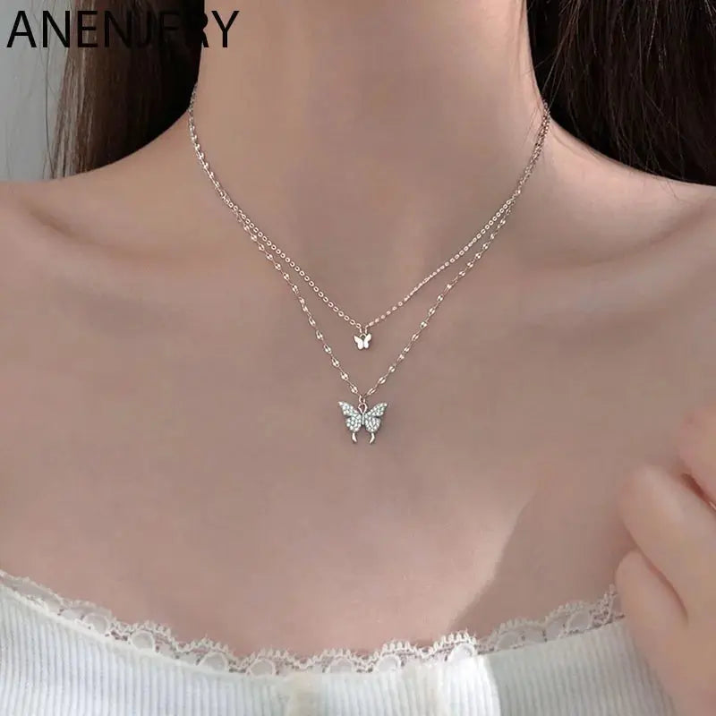 ANENJERY 925 Sterling Silver CZ Butterfly Necklace: Double Layer Dainty Jewelry Lenas Jewelry Emporium