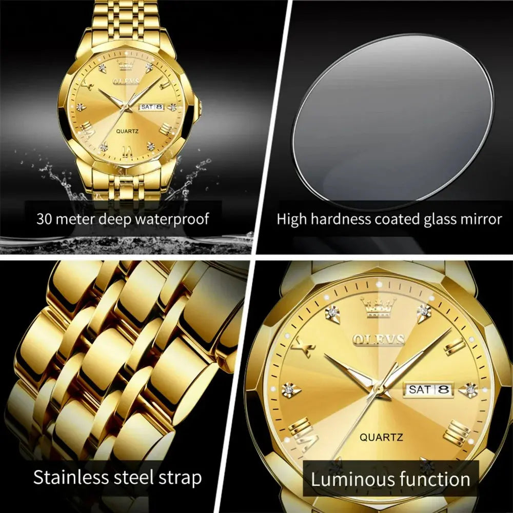 Gold Watch for Men Diamond Luxury Casual Dress Stainless Steel Date Quartz Watch Waterproof Luminous, Gifts for Men, Adult Male Wristwatch