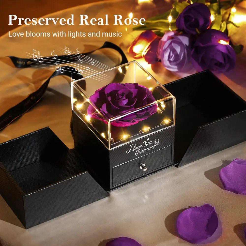 Preserved Rose Flower with Heart Necklace, Eternal Purple Real Rose with Music LED Lights for Her Women Wife Grandma Anniversary Birthday Romantic Valentines Gifts, Purple