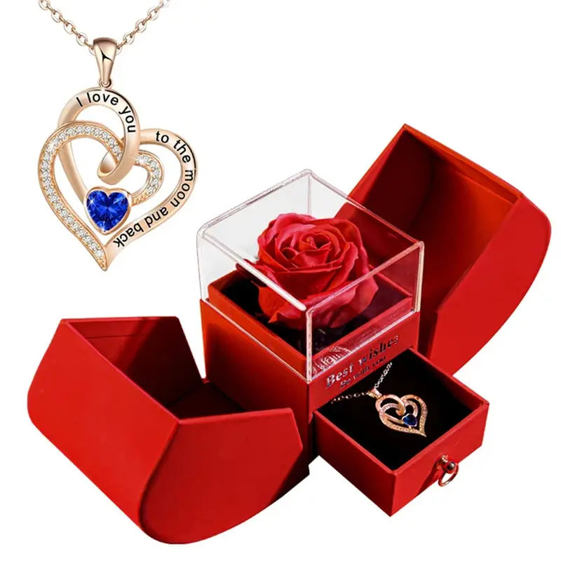 Forever Soap Rose Apple Gift Box /W Crystal Pendant Necklace Eternal Flower Jewelry Box Set Wedding Birthday Gift for Girlfriend