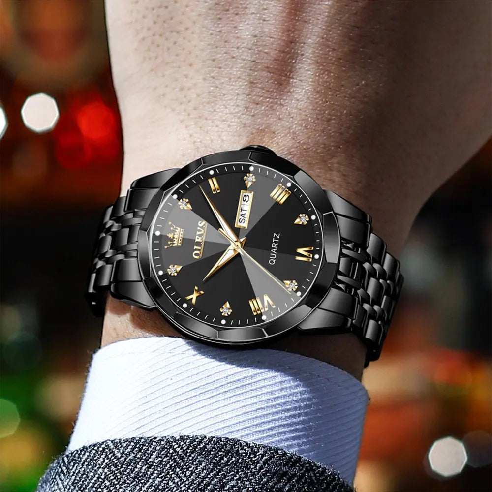 Black Watch for Men Diamond Luxury Casual Stainless Steel Date Quartz Watch Waterproof Luminous, Gifts for Men, Adult Male Wristwatch