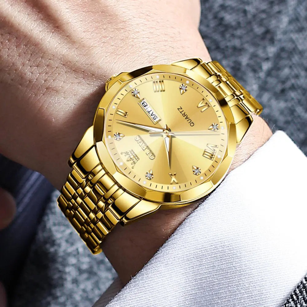 Gold Watch for Men Diamond Luxury Casual Dress Stainless Steel Date Quartz Watch Waterproof Luminous, Gifts for Men, Adult Male Wristwatch