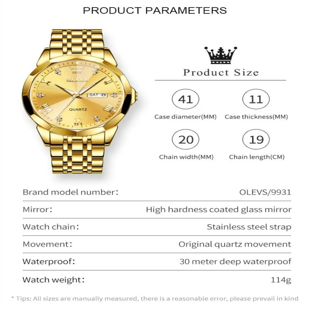 Gold Watch for Men Diamond Luxury Casual Dress Stainless Steel Date Quartz Watch Waterproof Luminous, Gifts for Men, Adult Male Wristwatch