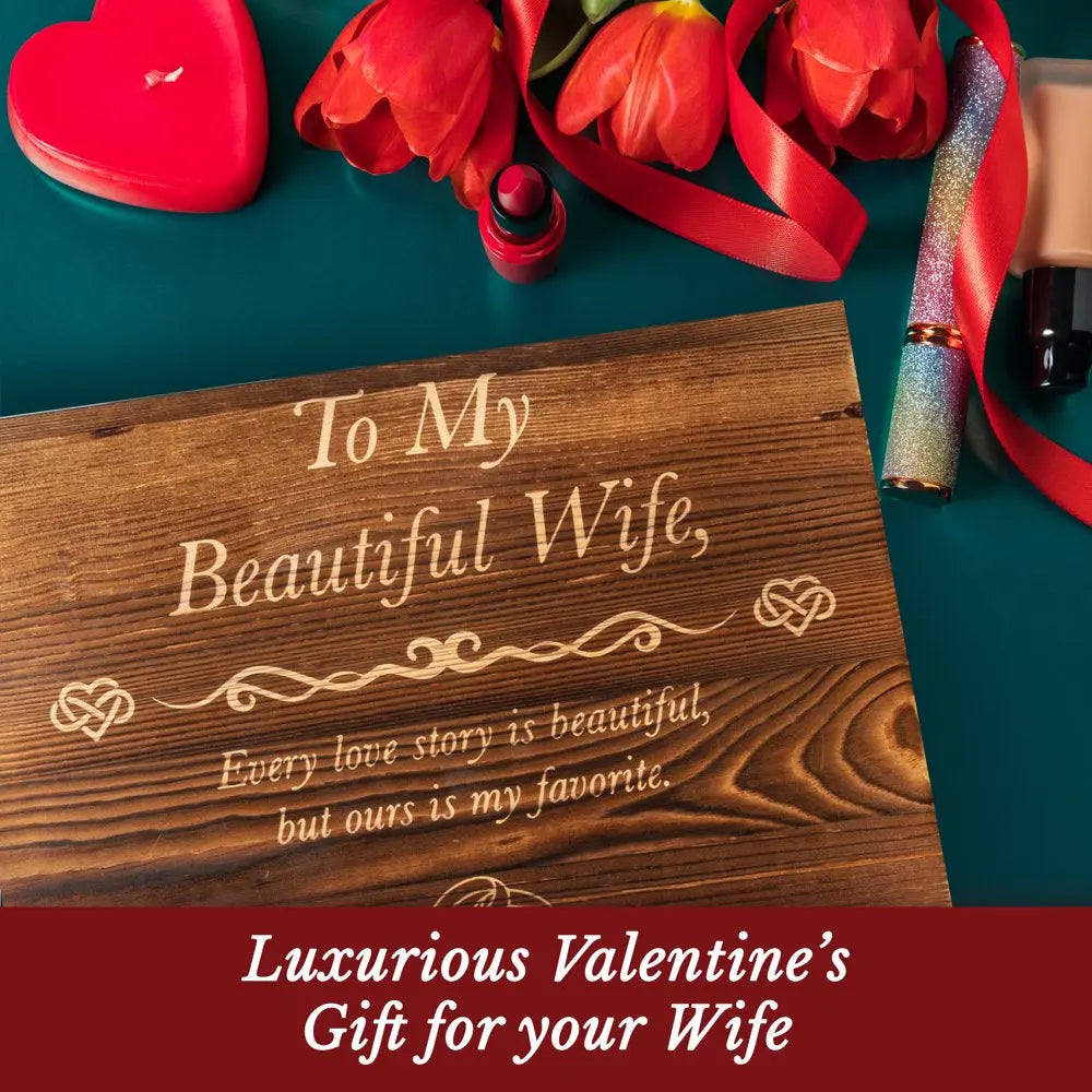 Valentines Day Gifts for Her | Anniversary Wife | Women – Engraved Wooden Gift Set 'To My Beautiful Wife' Includes Crystal Engraved Heart | 24K Gold Dipped Rose | Birthday | Valentines Day